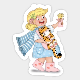 Happy Girl Carrying Tiger Cub Like A Baby Sticker